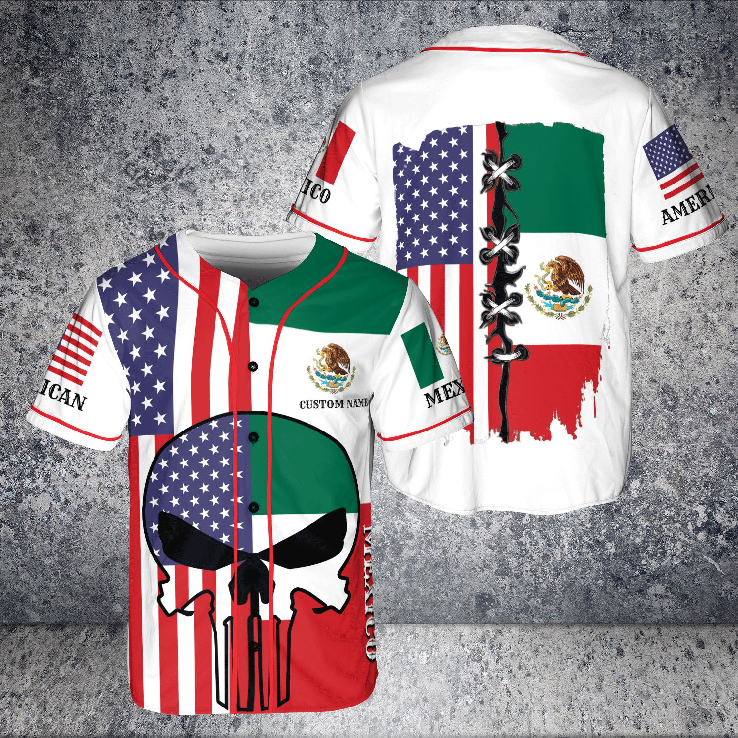 Custom Name Skull Mexico American White Jersey Baseball Shirt