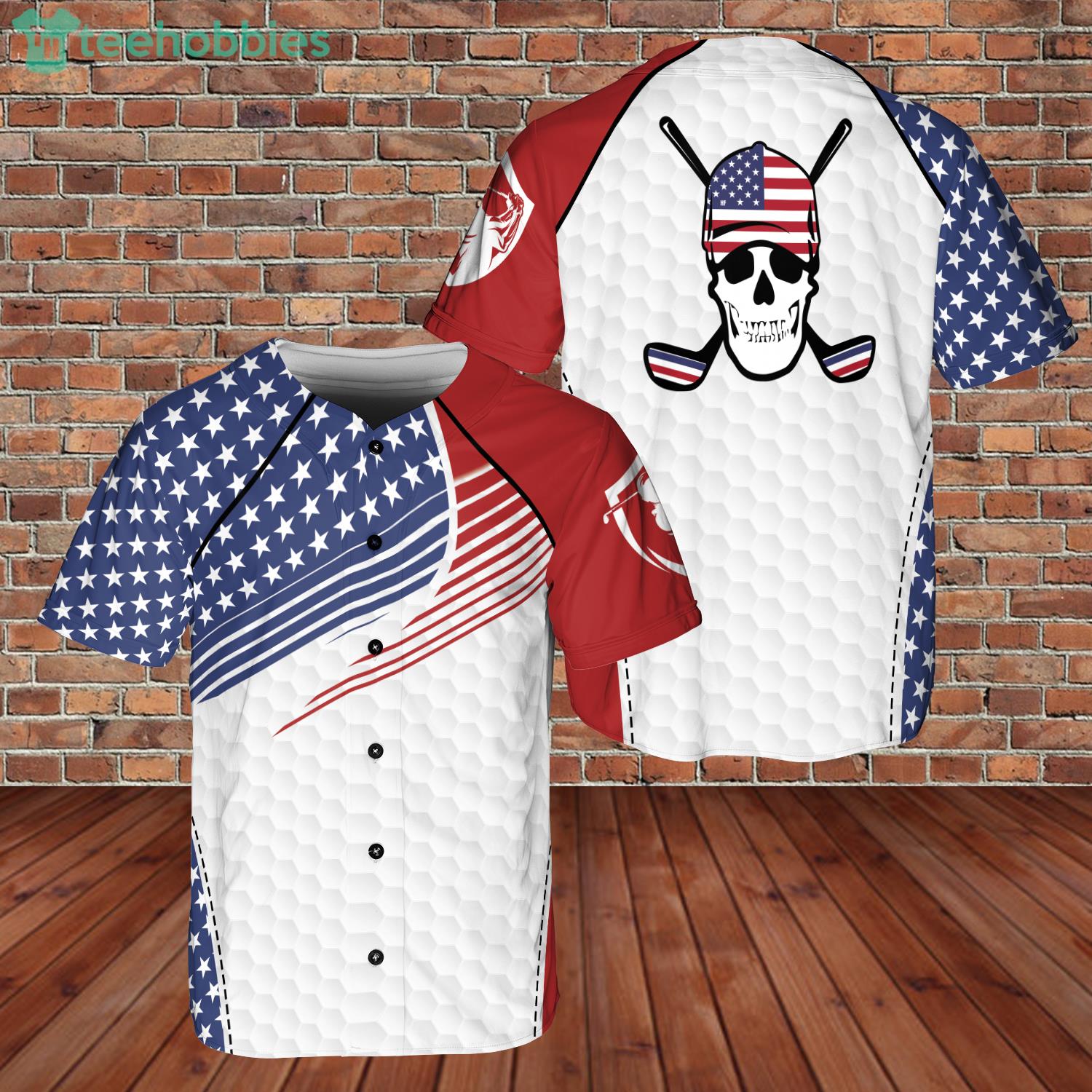 Golfer Skull Playing Golf United States US Flag Jersey Baseball Shirt Product Photo 1