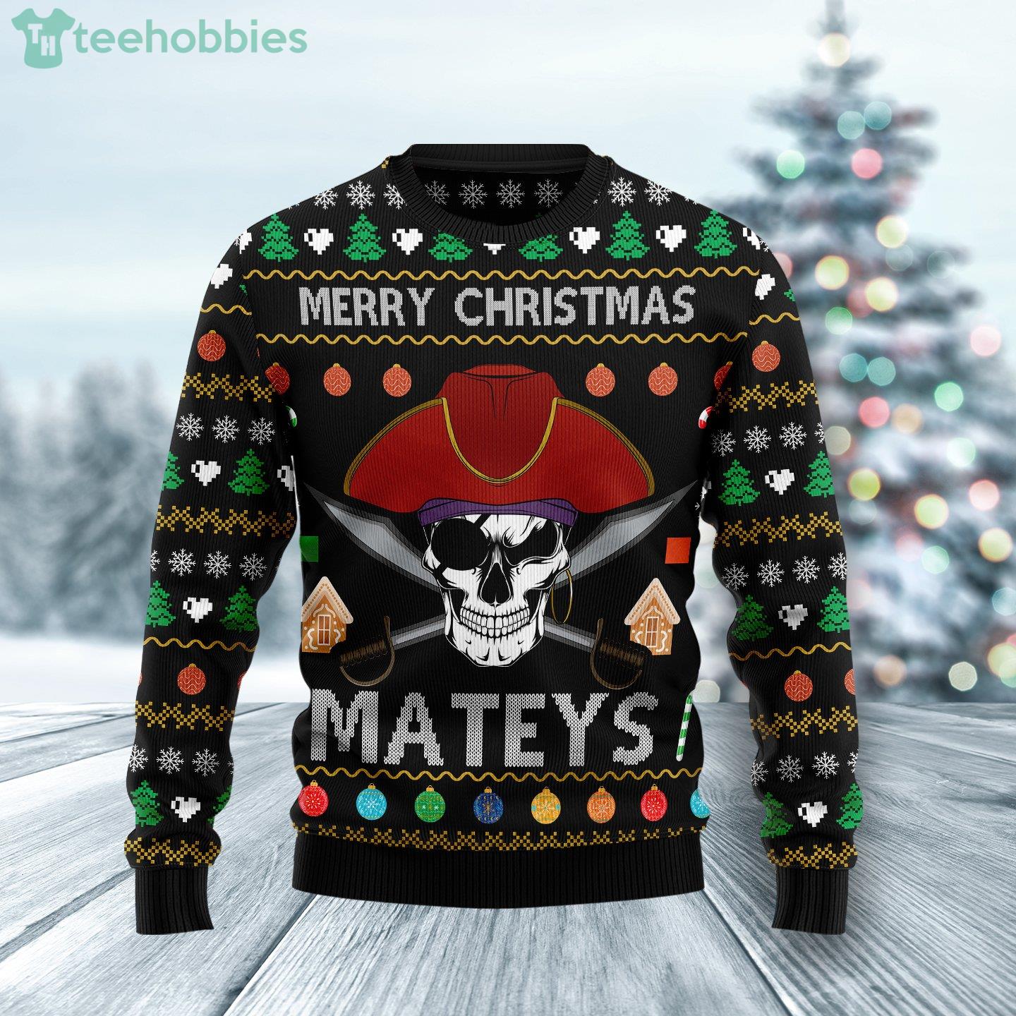 Pirate Skull Merry Christmas Mateys Ugly Christmas Sweater Product Photo 1