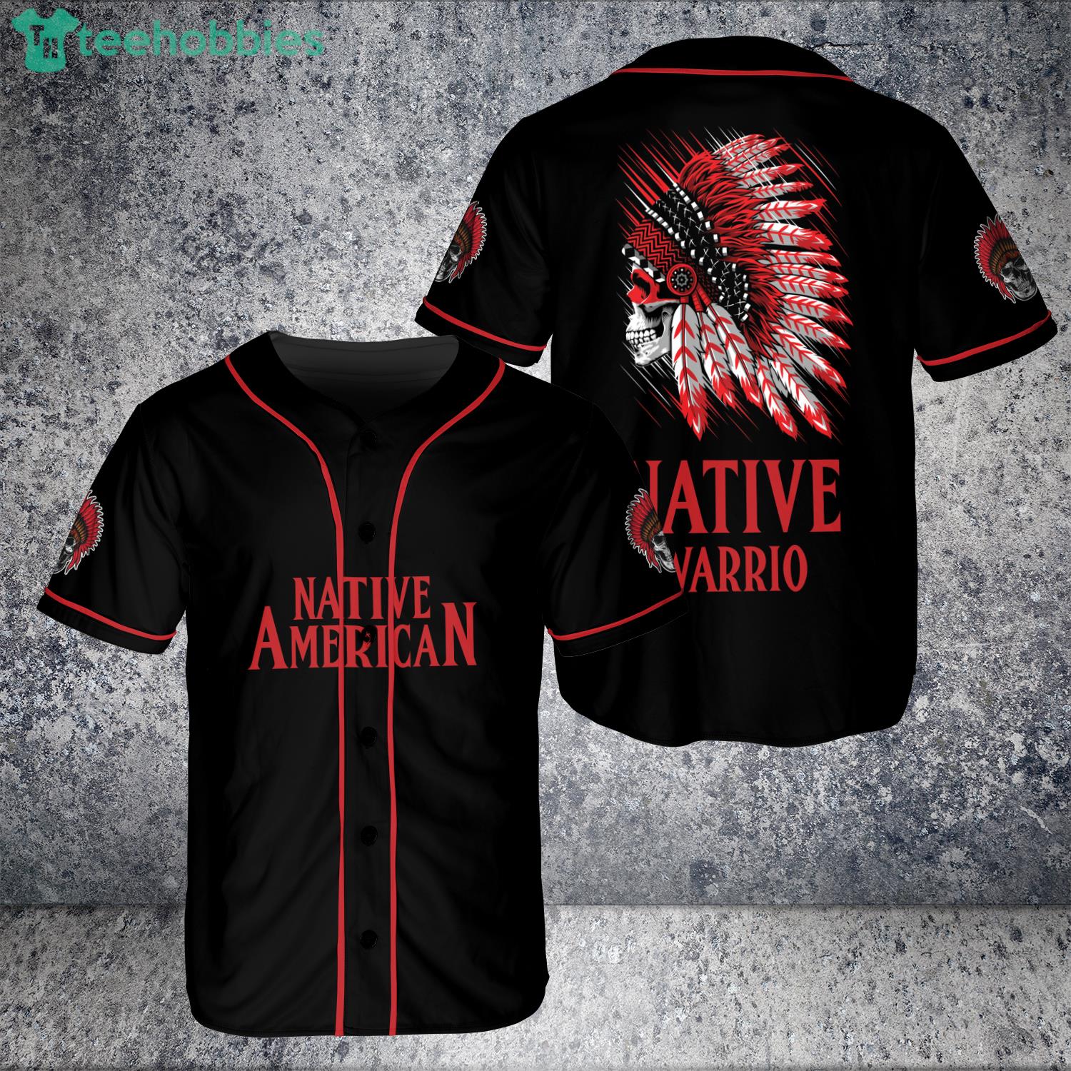 Skull Native American Red Warrior Patriots' Day Jersey Baseball Shirt Product Photo 1